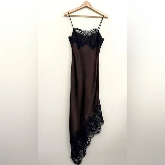 NWT Zara Asymmetric Satin Lace Dress in Black/ Brown Size M - Picture 11 of 16